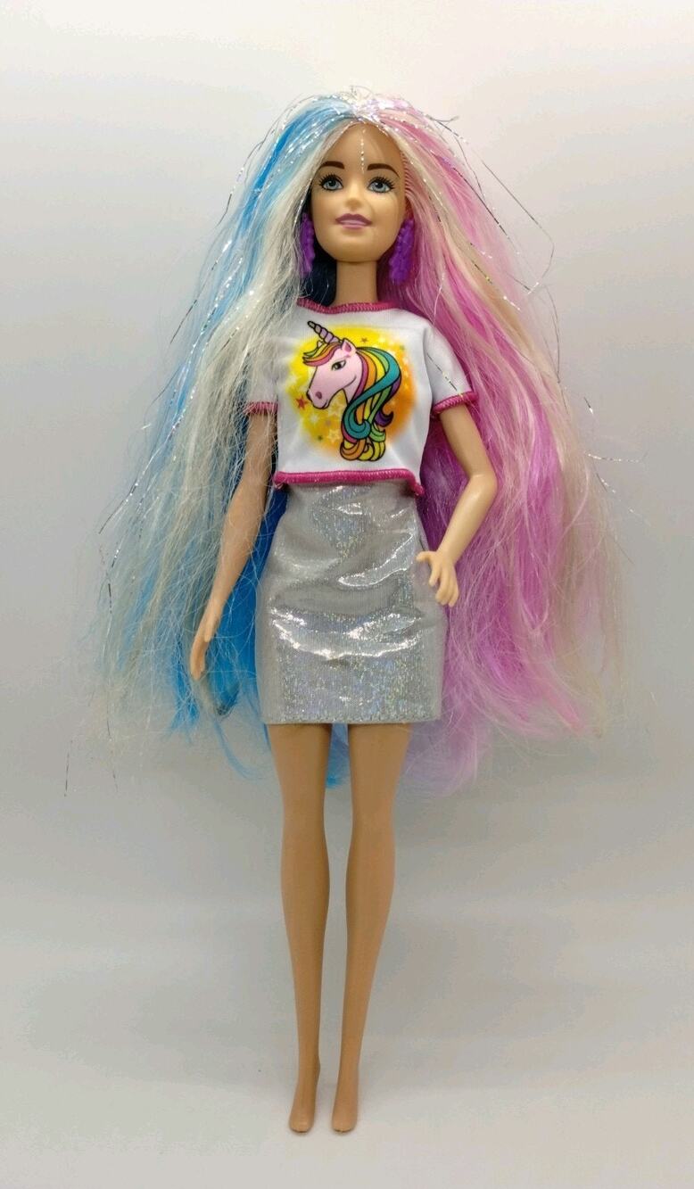 Barbie Fantasy Tinsel Hair Doll with Dress and Unicorn Shirt